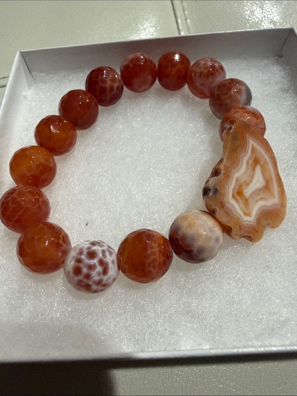 Natural Orange Agate Bead Stretch Bracelet with Geode Accent